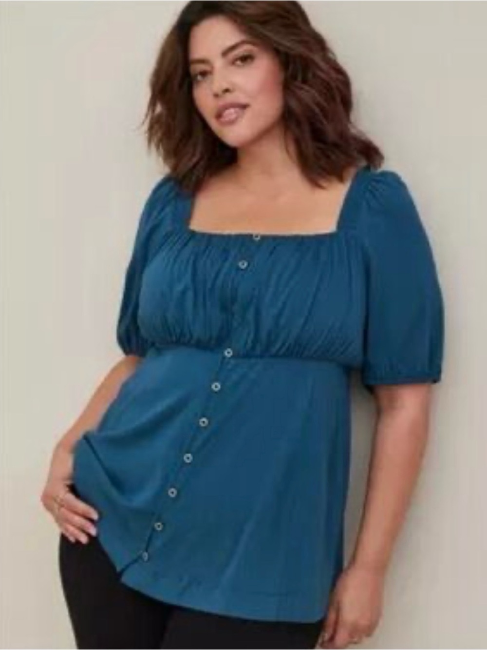 Torrid Teal Blue Square Neck Button Front Peasant Blouse Top Size 2X